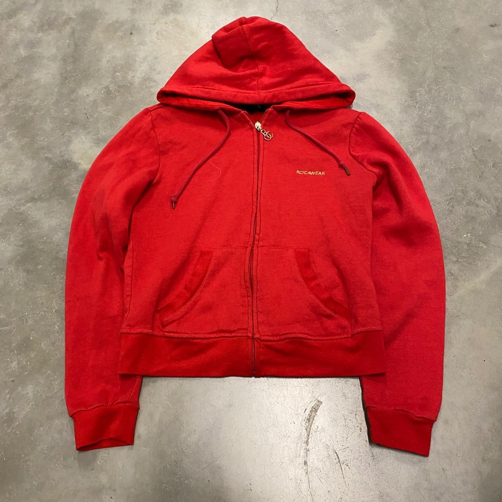 Rocawear Red Zip Up Hoodie Women's Size L Graphic Spellout Sequin Embellished